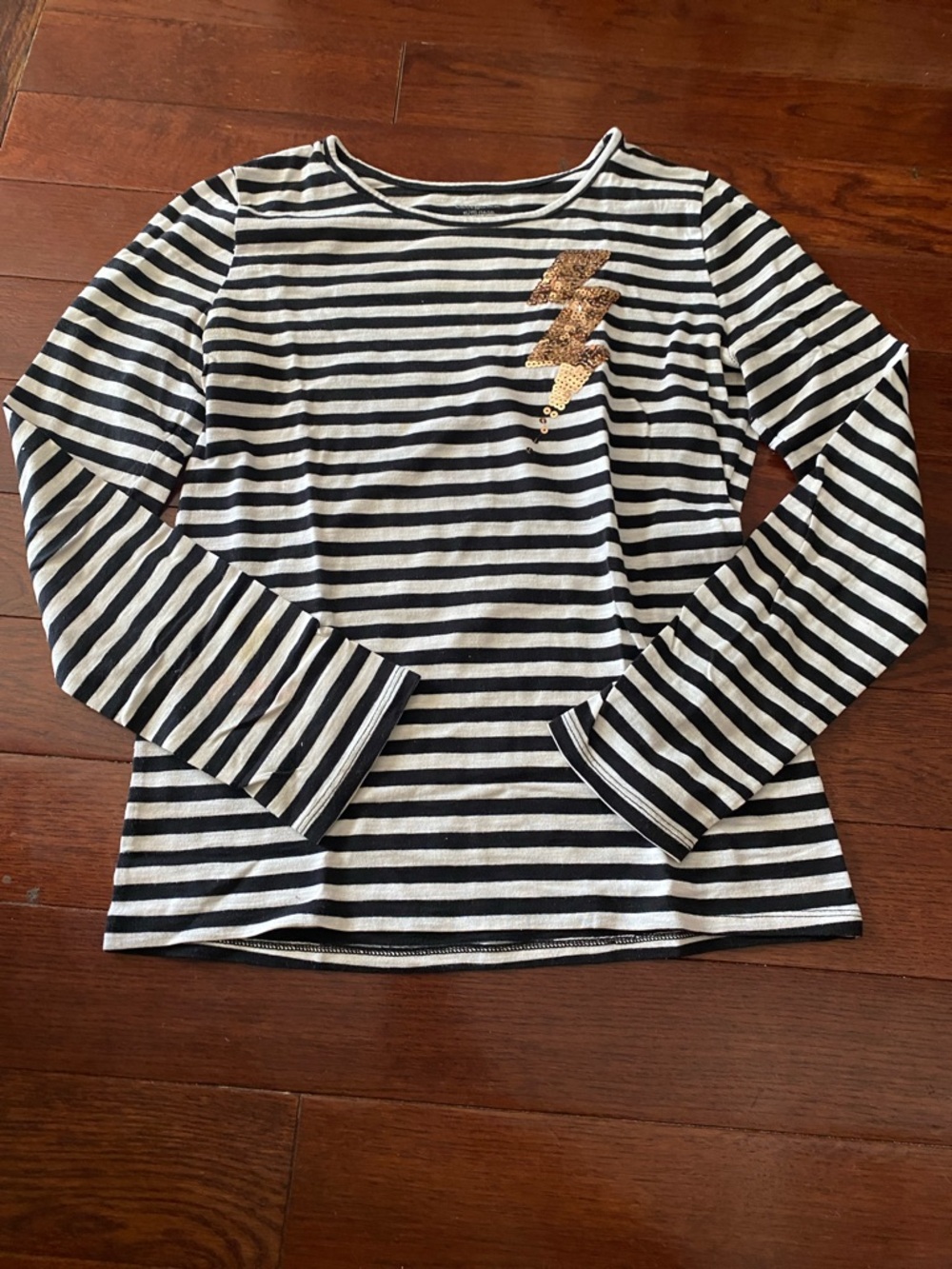 George Black and White Striped Long-Sleeve Tee with Gold Sequin Lightning